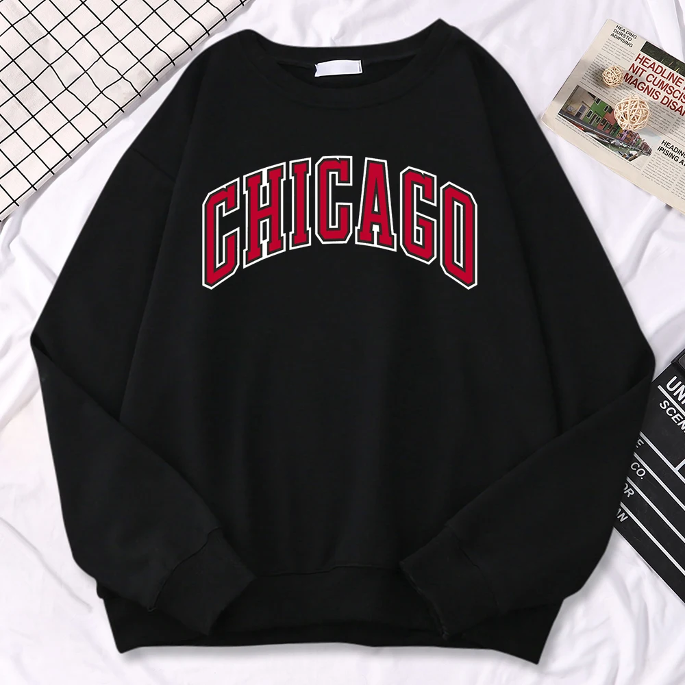 Street Kawaii Sweatshirt For Women Chicago American City Print Hoodie Crewneck Soft Pullover Warm All-Math Female Sportswear