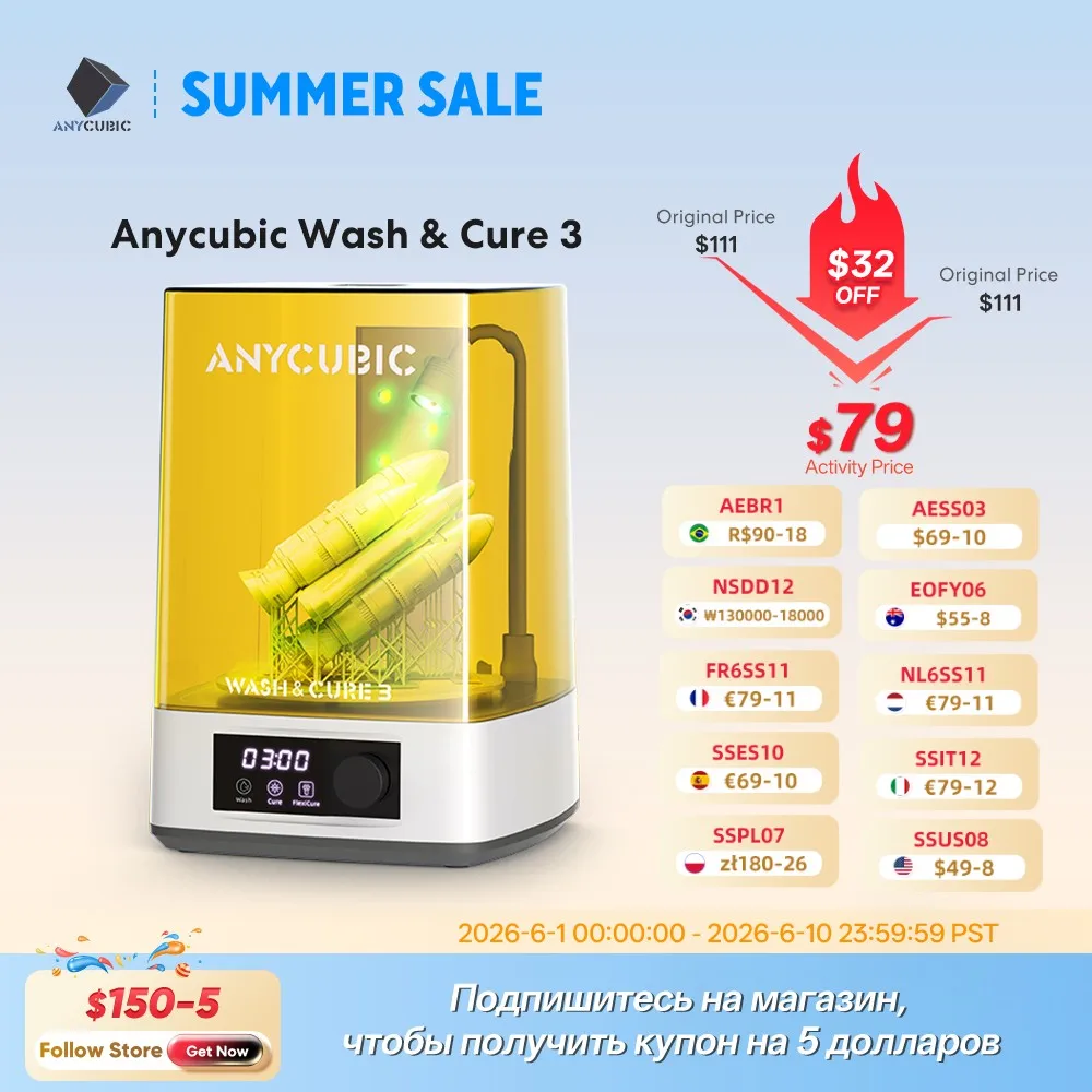 

ANYCUBIC Wash & Cure 3 Printed Model Washing and Curing Machine Cleaning Size 165*100*165mm For LCD SLA Resin 3D Printer