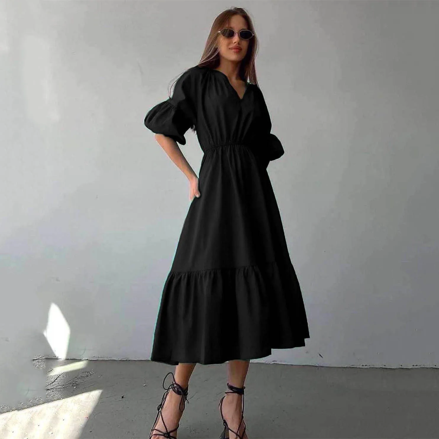 Sexy Vintage Patchwork Empire Waist Maxi Dress Solid Luxury V Neck Lantern Sleeve Ruffle Loose Dress Women Autumn Vacation