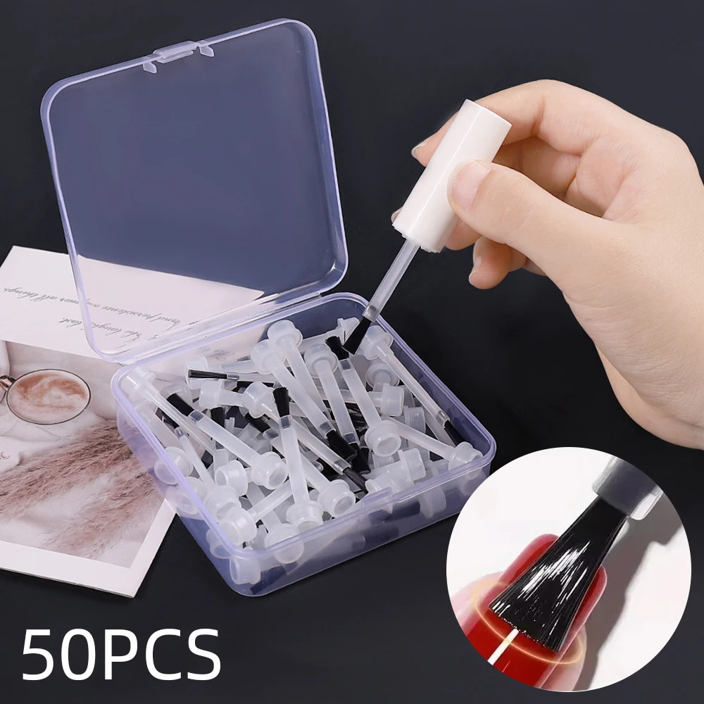 50Pcs/box Disposable Nail Polish Brush With 1 Handle UV Soak Off Gel Flat Nail Brush Replacement Kit Acrylic Powder Nail Brushes