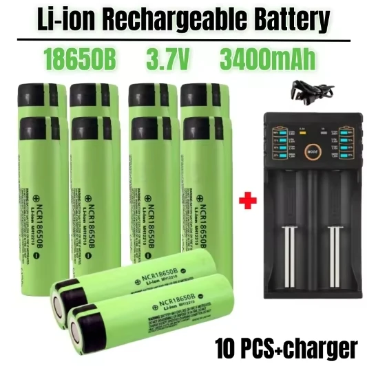 High Capacity NCR 18650B 3.7V 3400mAh 18650 Flat Head High Current Rechargeable Lithium Battery+charger