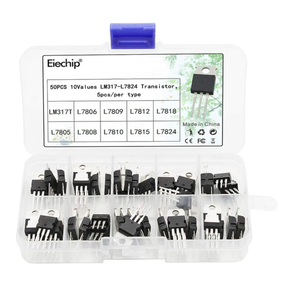 50Pcs 10 Values TO-220 Voltage Regulator Assortment Kit L78 Series LM317T 1 5V to 12V Linear Regulator Set with Storage Box for