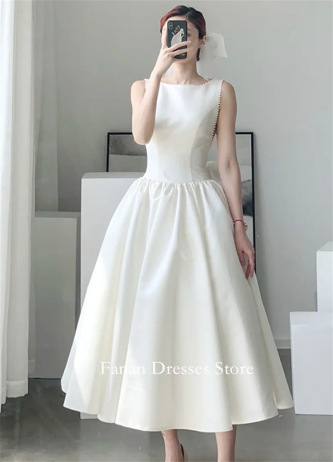 FANAN Korea Boat Neck Tea Length Satin Ruched Pearls A-Line Wedding Dresses 웨딩드레스 Ivory Customized Pretty Bride Dress