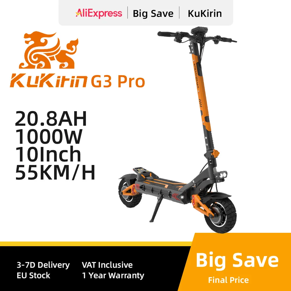 KuKirin G3 Pro 1200W*2 Motor Off-Road Electric Scooter 10 Inch Tire 52V 23.2Ah Removable Battery 80KM Max Range 65Km/h Max Speed