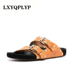 2023 Women's Summer Beach Open-toe Slippers Flat Sandals Men/women's Pin Buckle Rivet Decorative Slippers Roman Style