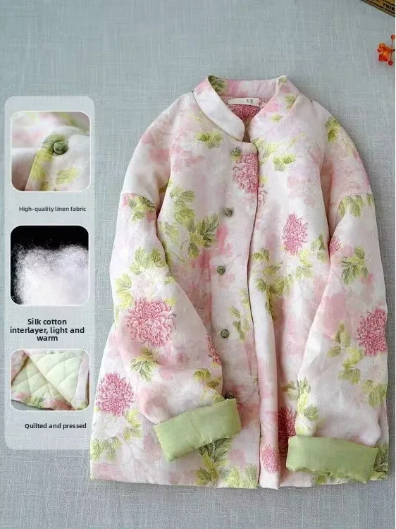 

Тепло и Sle: Новое китайское льняное пальто с принтом и воротником-стойкой на пуговицах спереди, женское хлопковое пальто-манто, зимняя верхняя одежда Thiened