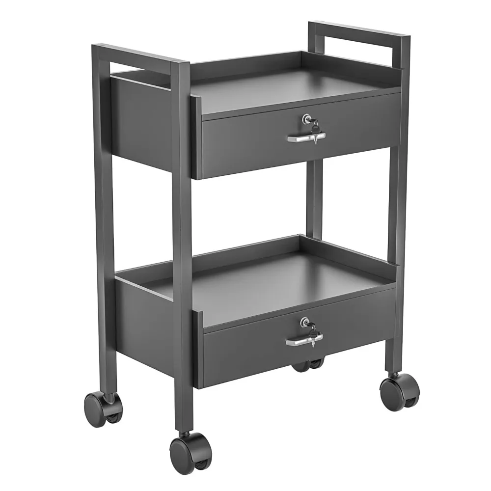

Salon trolley cart with wheels, wooden salon tray, mobile utility cabinet with 2 lockable drawers, rolling storage station