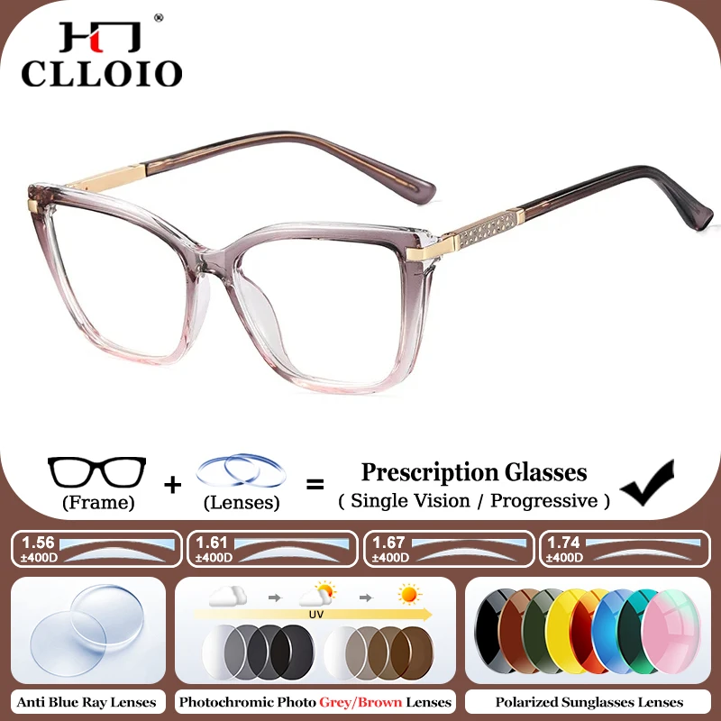 

CLLOIO Simple Geometric Cat Eye Progressive Glasses Women Blue Light Filter Myopia Glasses Customized Prescription Photochromic