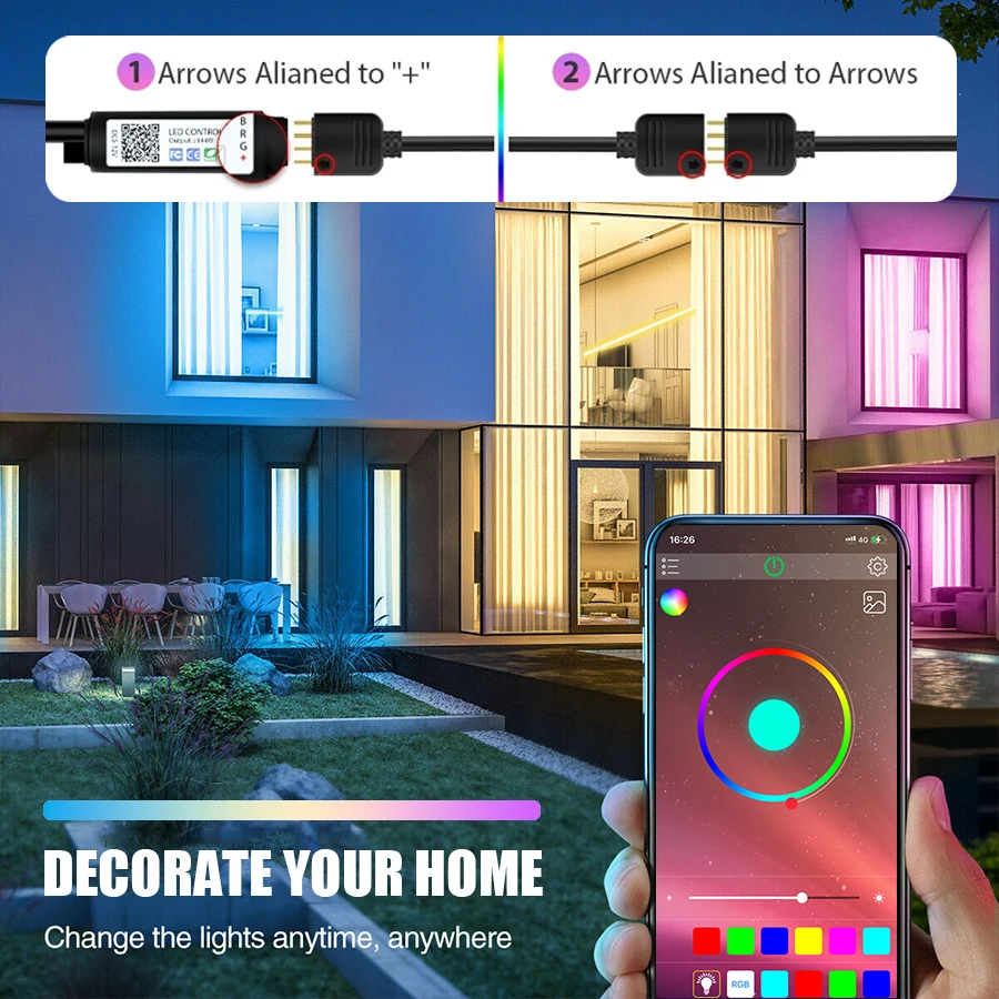 RGB LED Strip Lights 44-Key Remote, Sync to Music, Timer & App Control, Multiple Lighting Modes, USB Powered, Non-Waterproof, Co