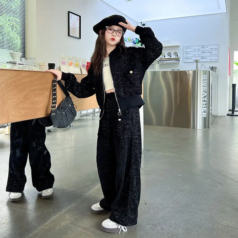 2 قطعة مجموعة 2025 جديد سستة الخريف الشتاء فتاة القماش البلوز سترة فضفاضة بانت المراهقين الطفل مجموعة 4 7 8 9 10 11 12 14 15 سنة