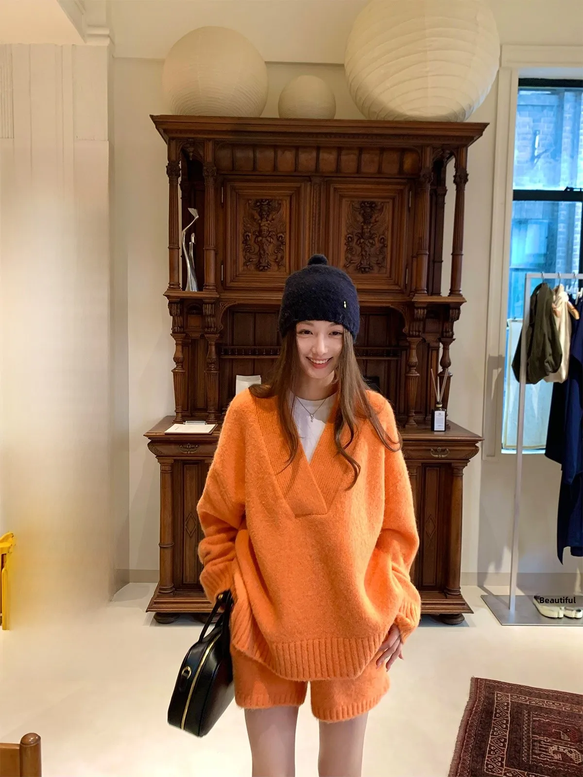 

Женский оранжевый вязаный свитер с v-образным вырезом и комплект из шерсти, удобная посадка, повседневная модная осенне-зимняя одежда