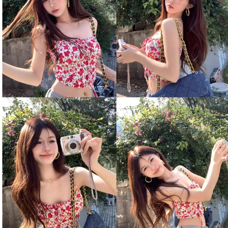 

2026 New Women Sweet Y2K Floral Print Crop Cami Top Backless Tie Up Sleeveless Slim Fit Summer Casual Outerwear & Innerwear