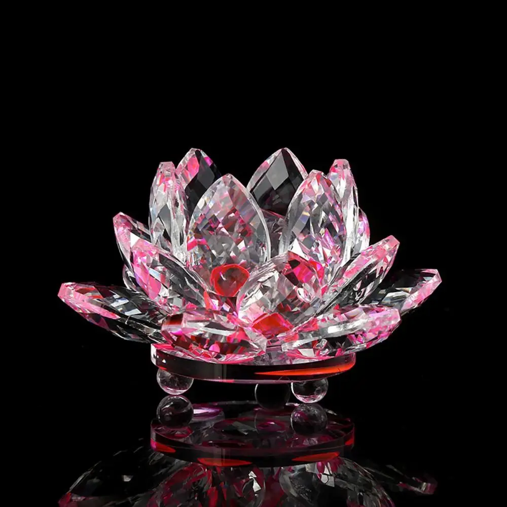 Hue Reflection Crystal Lotus Flower 3 Foots Sturdy Glass Lotus Feng Shui Decor 3 Layers Lucky Charm Crystal Flower Figurine