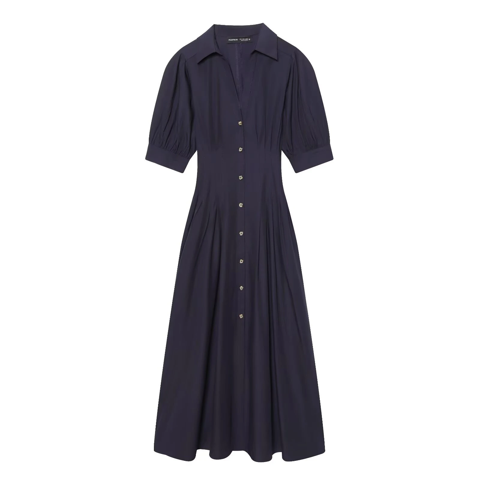 Neue europäische und amerikanische Frühlingskleidung für Damen mit Reverskragen und kurzem Puffärmel, vielseitiges Midikleid.