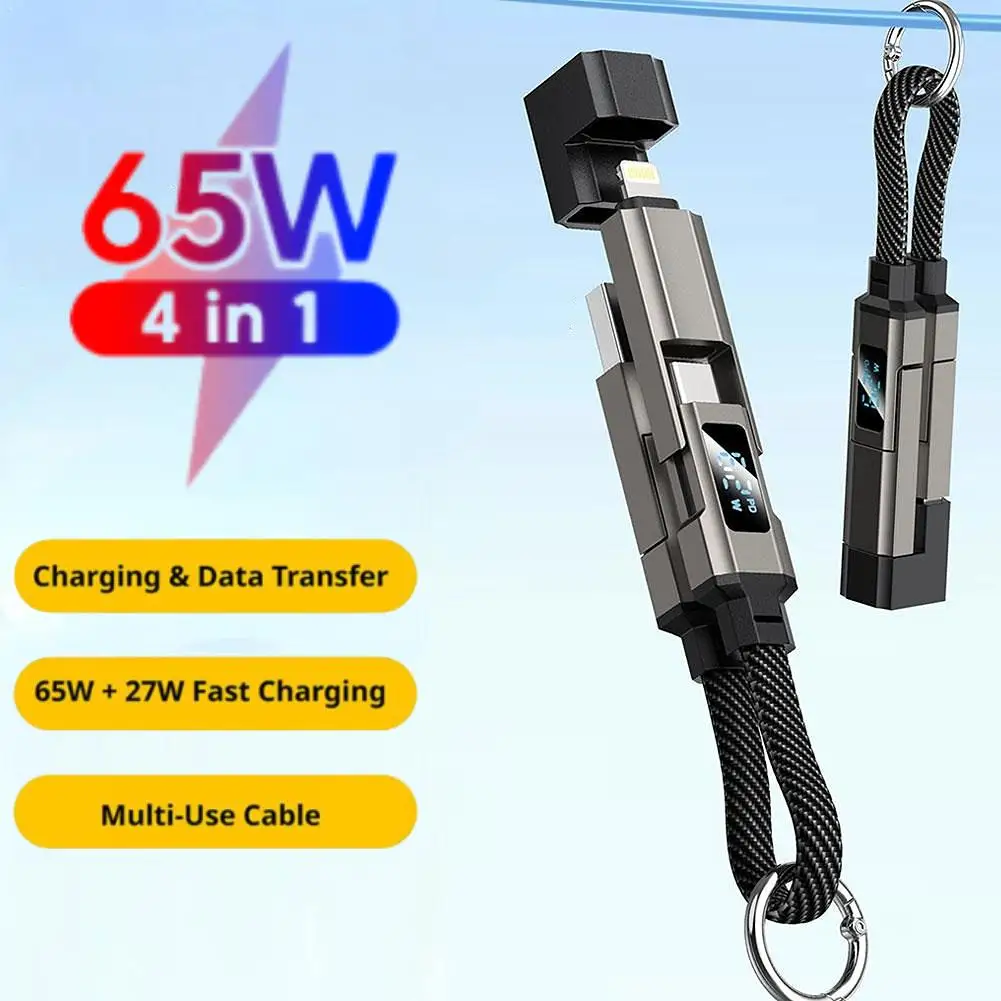 Cable de Datos Tipo C con Pantalla Digital 4 en 1 de 65W, Cable Corto con Cordón para Llavero, Carga Súper Rápida PD para iPhone 17