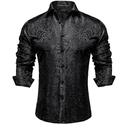 Camisas de seda Paisley manga comprida masculina, smoking casual, camisa social, roupas de grife de luxo, preta