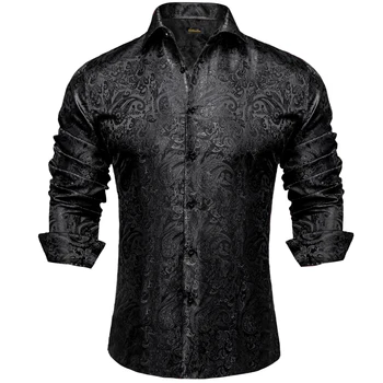 Męskie koszule z długim rękawem w kolorze czarnym Paisley Silk Dress Casual Tuxedo Social Shirt Luksusowa designerska odzież męska