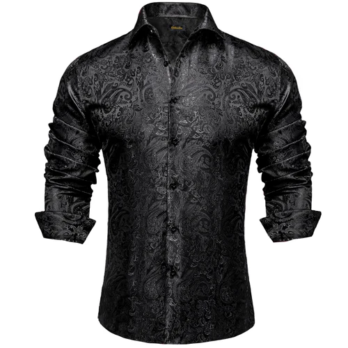 Camisas de vestir de seda de Cachemira negra de manga larga para hombre, camisa Social de esmoquin informal, ropa de diseñador de lujo para hombre