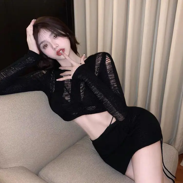 

Korean Style Black Package Hip Skirts Irregular Sexy Slim Women Party Dress Sexy Club Dress Hollow Out Design Women Dress Set