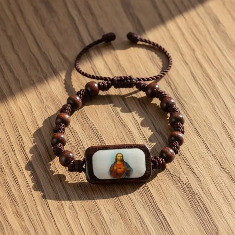 Wooden Rosary Bracelet Adjustable Religious Icon Stickers Drip Oil Finish, Spiritual Beaded Prayer Jewelry For Devotional Wear