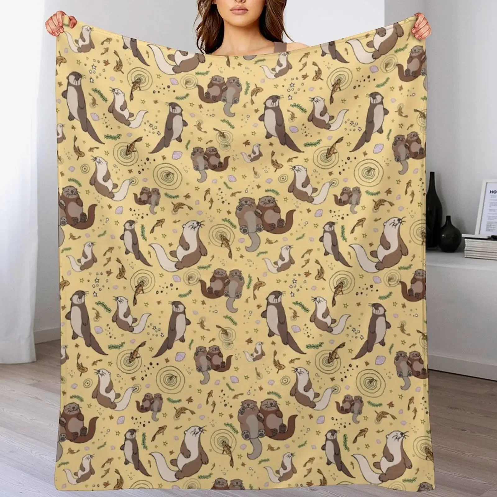 

Otters in Yellow Throw Blanket Portable Lightweight Blanket for Travel Camping