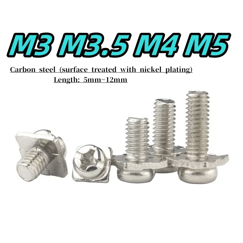 Tornillo de arandela cuadrada de cabeza plana M3 ~ M5, cabeza plana cruzada niquelada, perno de arandela cuadrada, tornillo de prensado de Terminal de cableado combinado