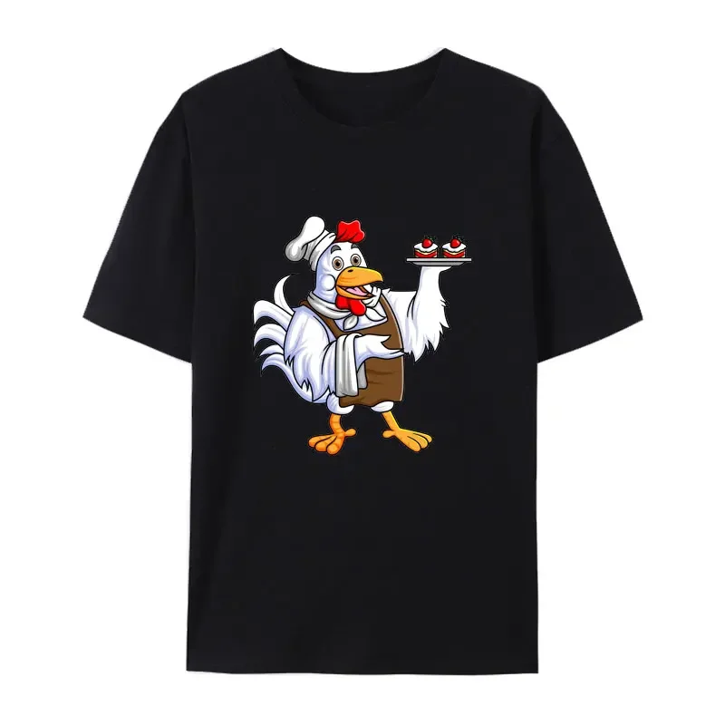 A Rooster Dressed As A Restaurant Waiter Brings A Plate Filled with Delicious Cakes Funny Jokes Geek Cartoon Cotton T Shirt