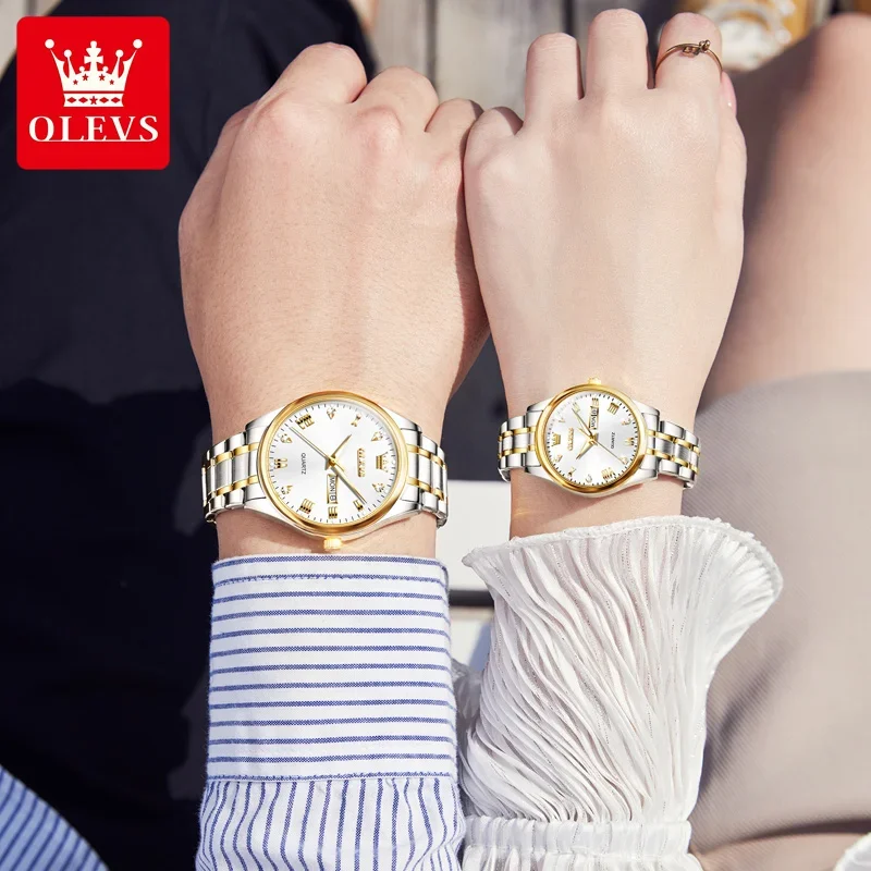 Olevs 5563 relojes de lujo de cuarzo para parejas, reloj resistente al agua de acero inoxidable para hombres y mujeres, reloj de mano de moda con