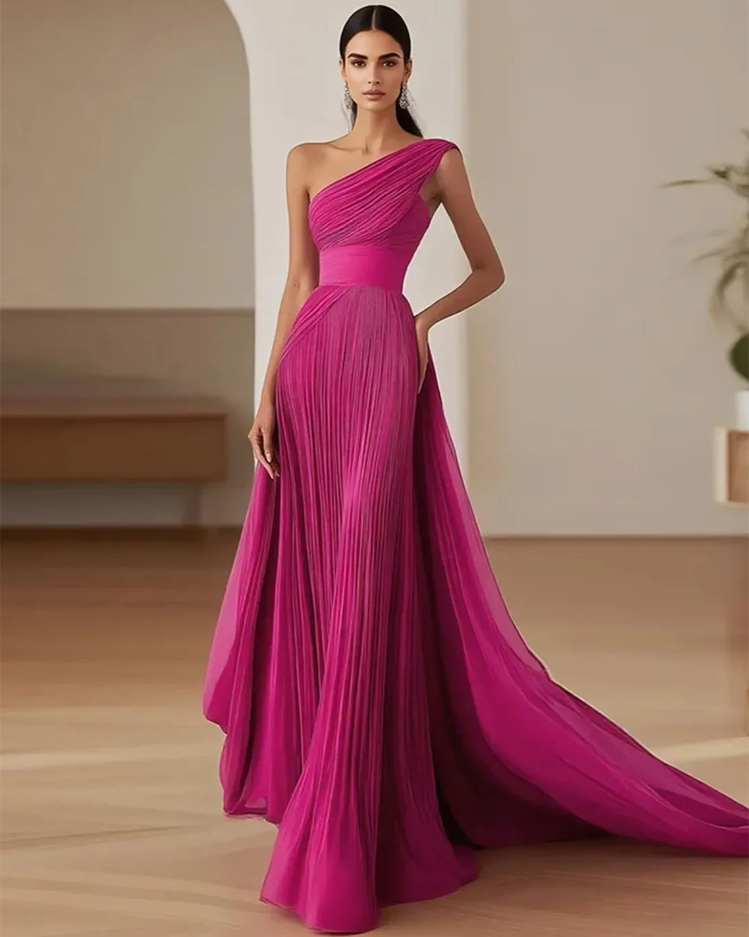 Customized Long One Shoulder Evening Dresses A-Line Chiffon Pleated فساتين الحفلة Prom Dress for Women