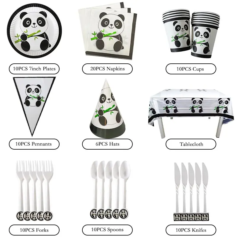 New Panda Birthday Party Decorations Kids Cartoon Theme Disposable Tableware Cup Plate Panda Balloon Baby Shower Party Supplies