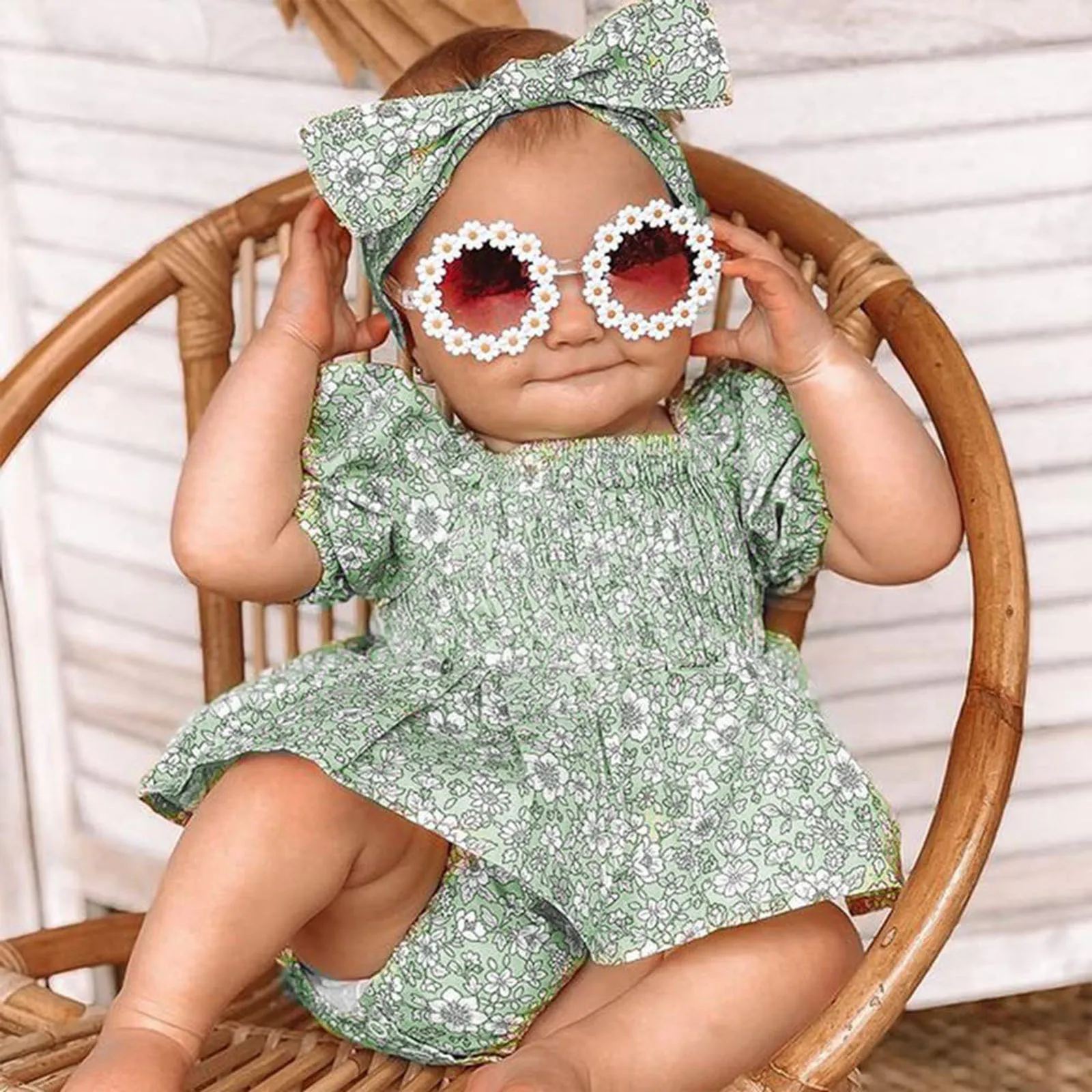 

Infant Girls Bodysuits Summer Short Sleeve Floral Printed Romper Newborn Baby Clothes Headbands Set Girls Bodysuit 0-18 Months