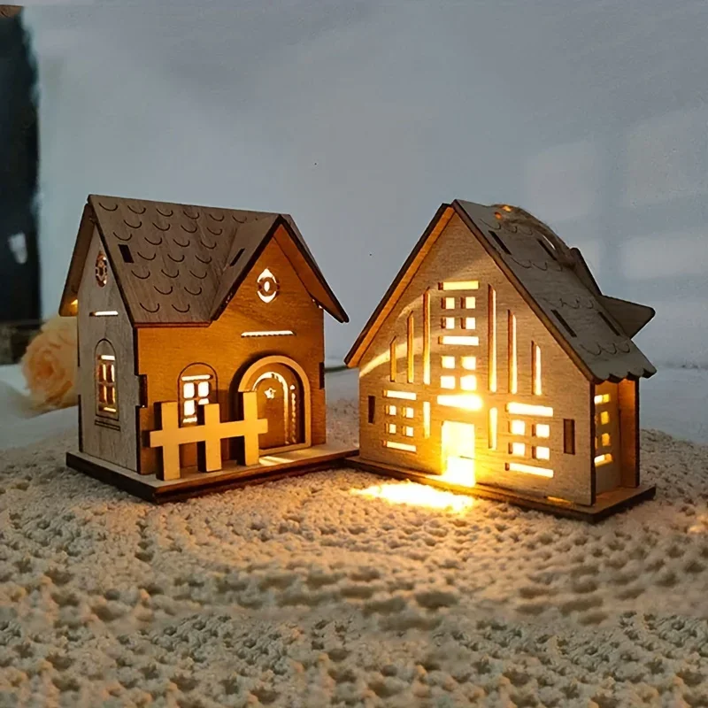 Christmas Led Light Wooden House Village Decorations Glowing Cabin Ornament Xmas House Desktop Ornament Holiday Home Decor