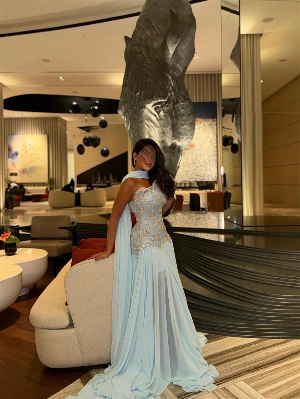 

Customized Classic Blue Chiffon Evening Dress Formal Strapless Sleeveless Celebrity Gowns Sexy A-Line Sweep Train Cocktail Dress