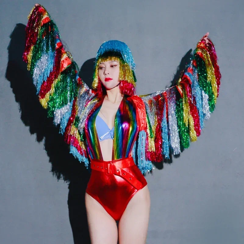 

Bar Nightclub Dj Ds Colorful Fringed Coat Rainbow Bodysuit Headwear Women Gogo Dance Costume Jazz Dance Clothing Festival Outfit