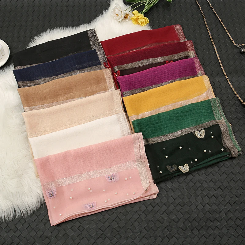 New Pearl Organza Silk Scarf Hijab Summer Sun Protection Shawls For Woman Elegant Stole Solid Color Wraps Headband 190*70cm