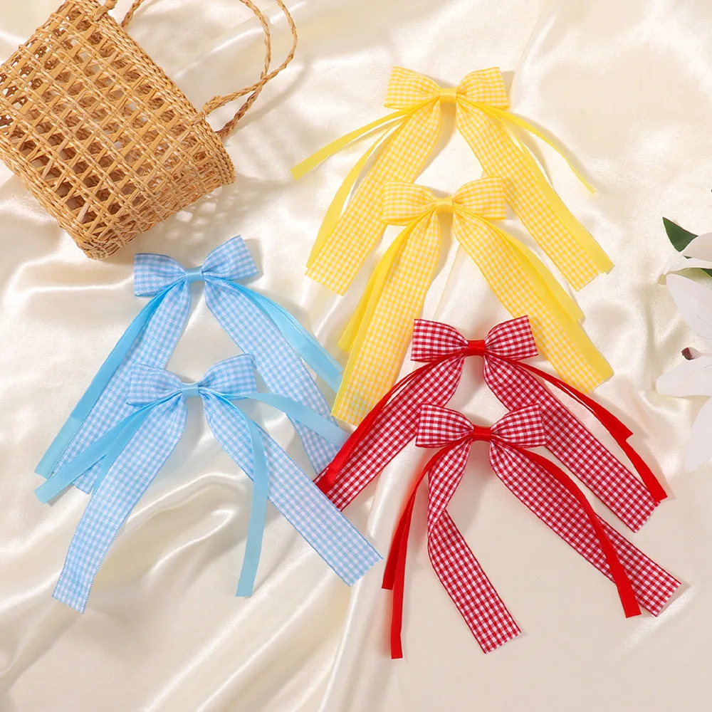 60pc Gingham Checked Pattern Hair Bow Clips for Girls Long Tails School Uniform Hairpin Barrettes Kids Headwear Wholesale