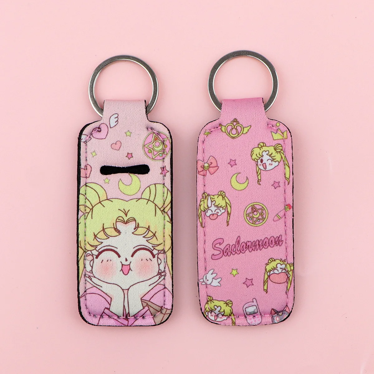 Pink Anime Magic Girl Clip On Lipstick Sleeve Holder Women Trendy Lip Balm Key Chain Lip Balm Holder Bag Charms Keyring