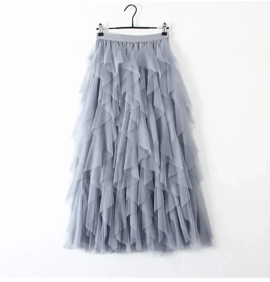 Womens Elastic High Waist Tulle Mesh Irregular Tutu Skirt Gauze Skirt Spring and Summer New Pleated A-Line Skirt in the Long Hi