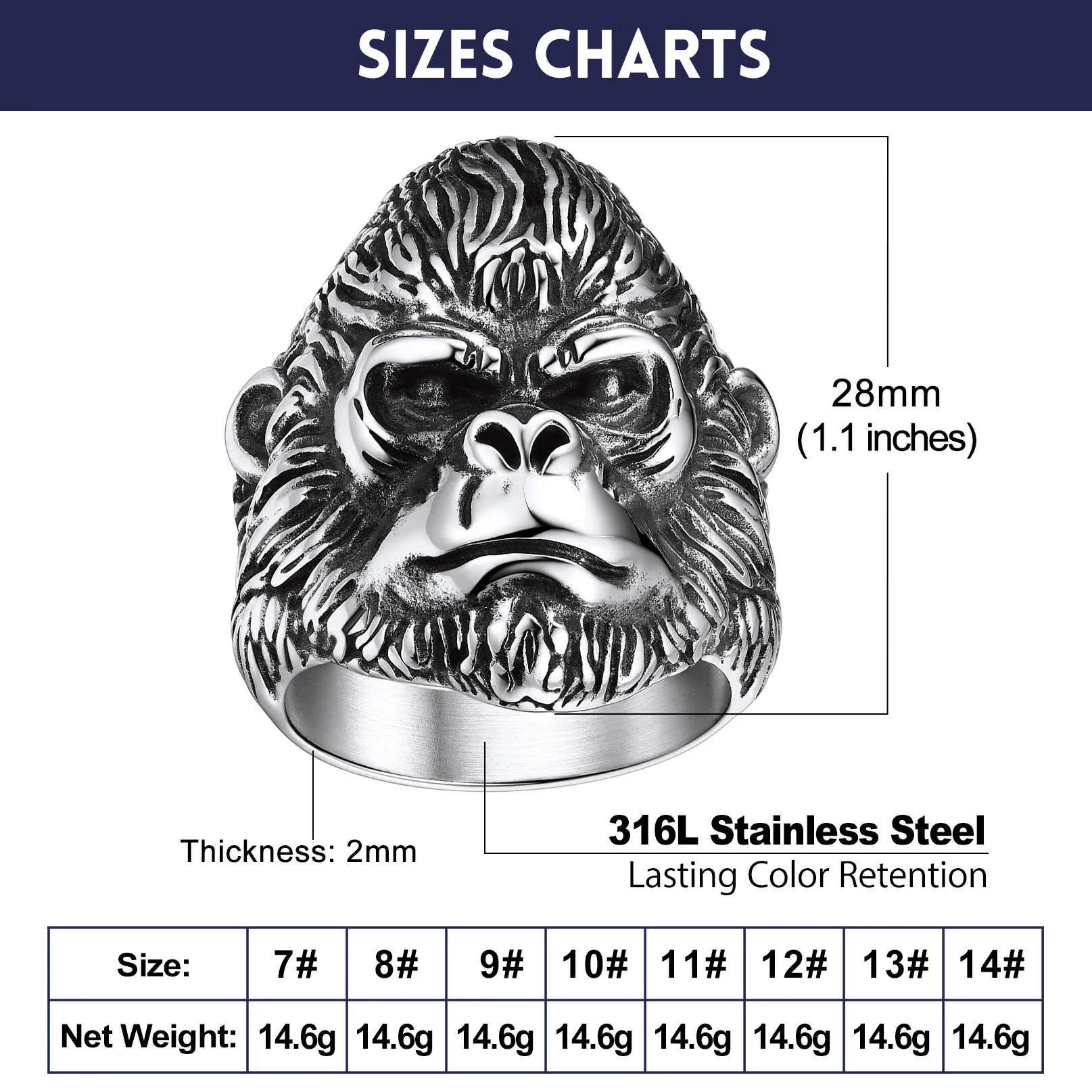 U7 Stainless Steel Big Rings for Man Bird Goat Octopus Shark Serpent Snake Bone Charm Size 7-14 Rock Punk Animal Skull Jewelry