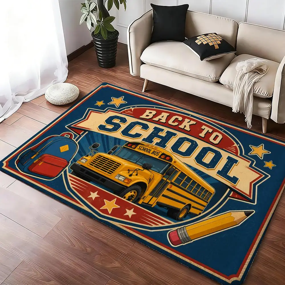 Yellow school bus schoolbag and pencil Floor Mat Soft Thickened Absorbent Non-Slip Bedroom Living Room Door Mat Flannel Rugs