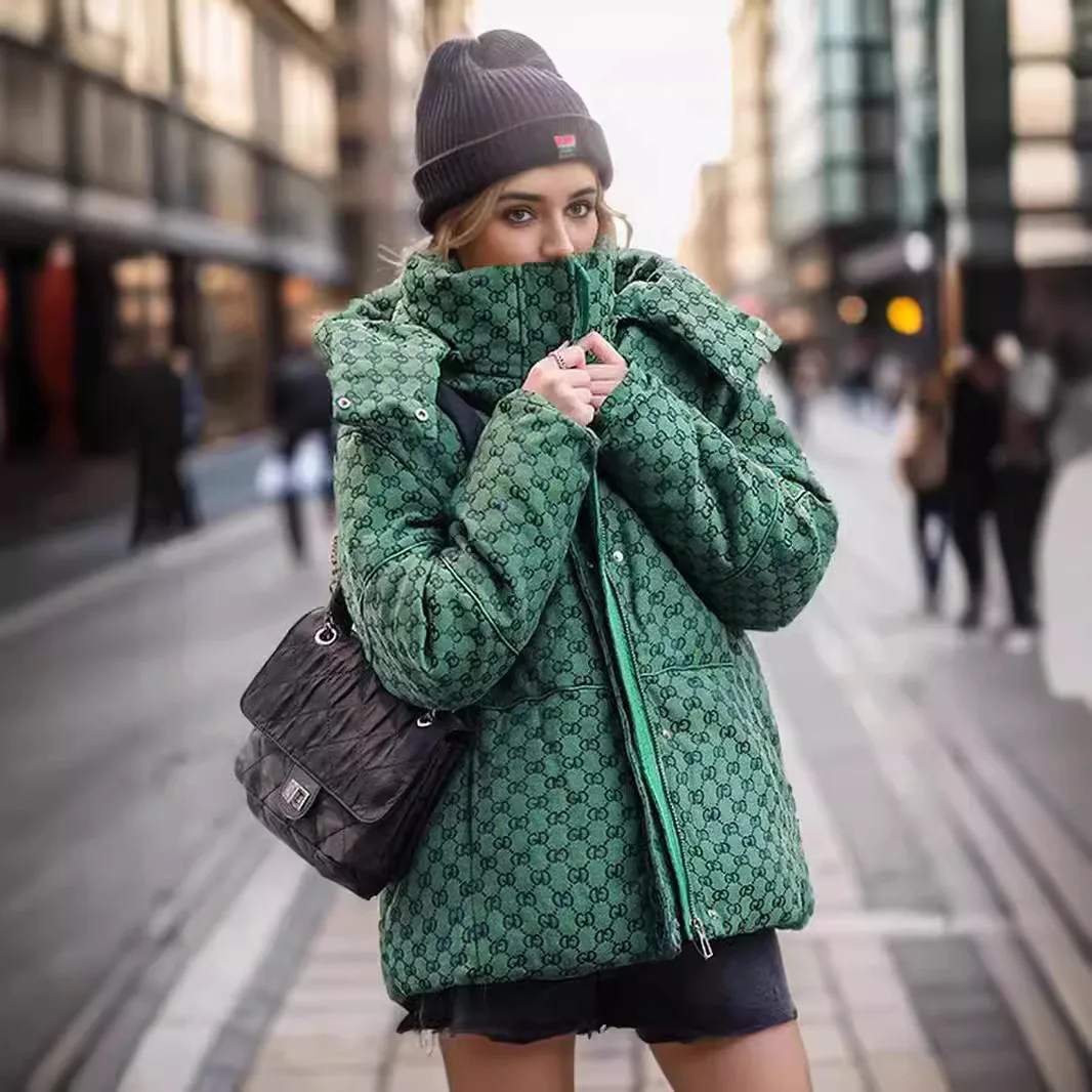 2024 nuova giacca verde con stampa con cappuccio inverno femminile cerniere parka Mujer Casual Puffer inverno piumino di cotone cappotti donna Chic