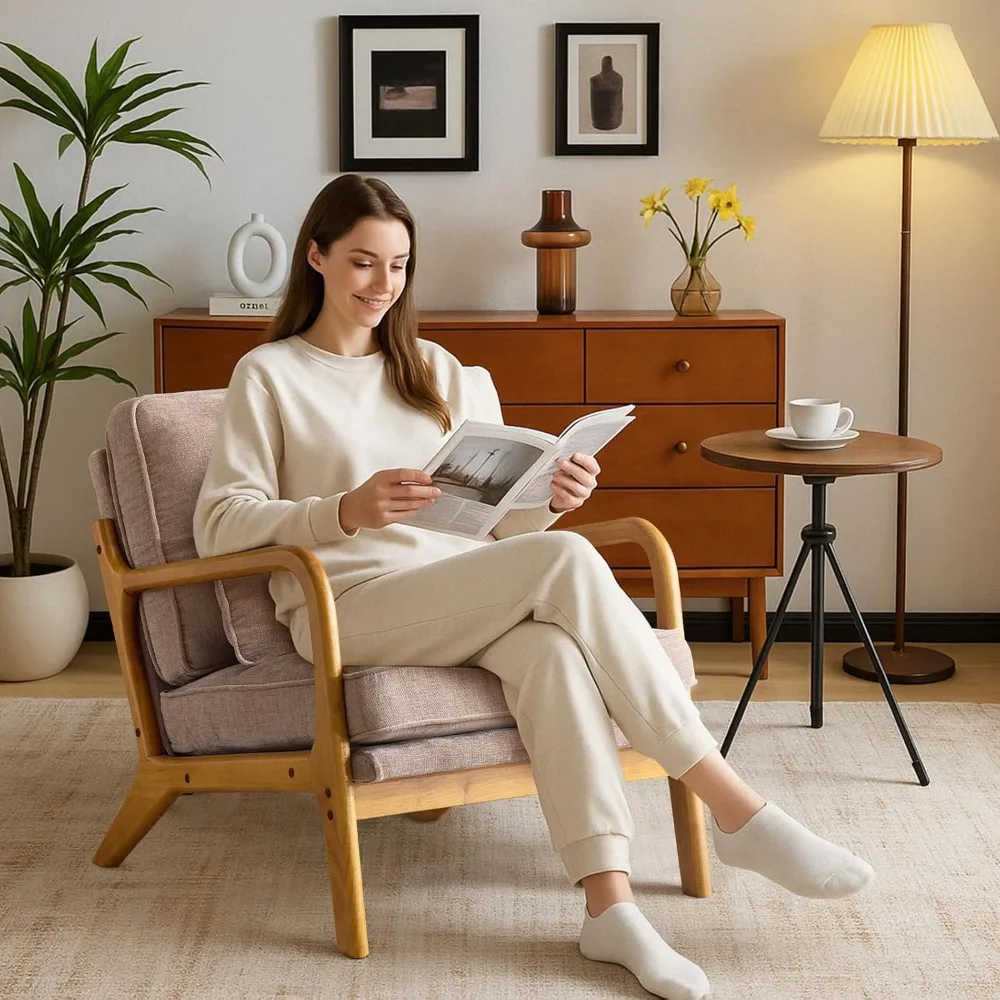 Sedia dall'accento moderno della metà del secolo con supporto lombare e braccioli in rovere - Sedia in ciniglia felpata per soggiorno, camera da letto o lounge