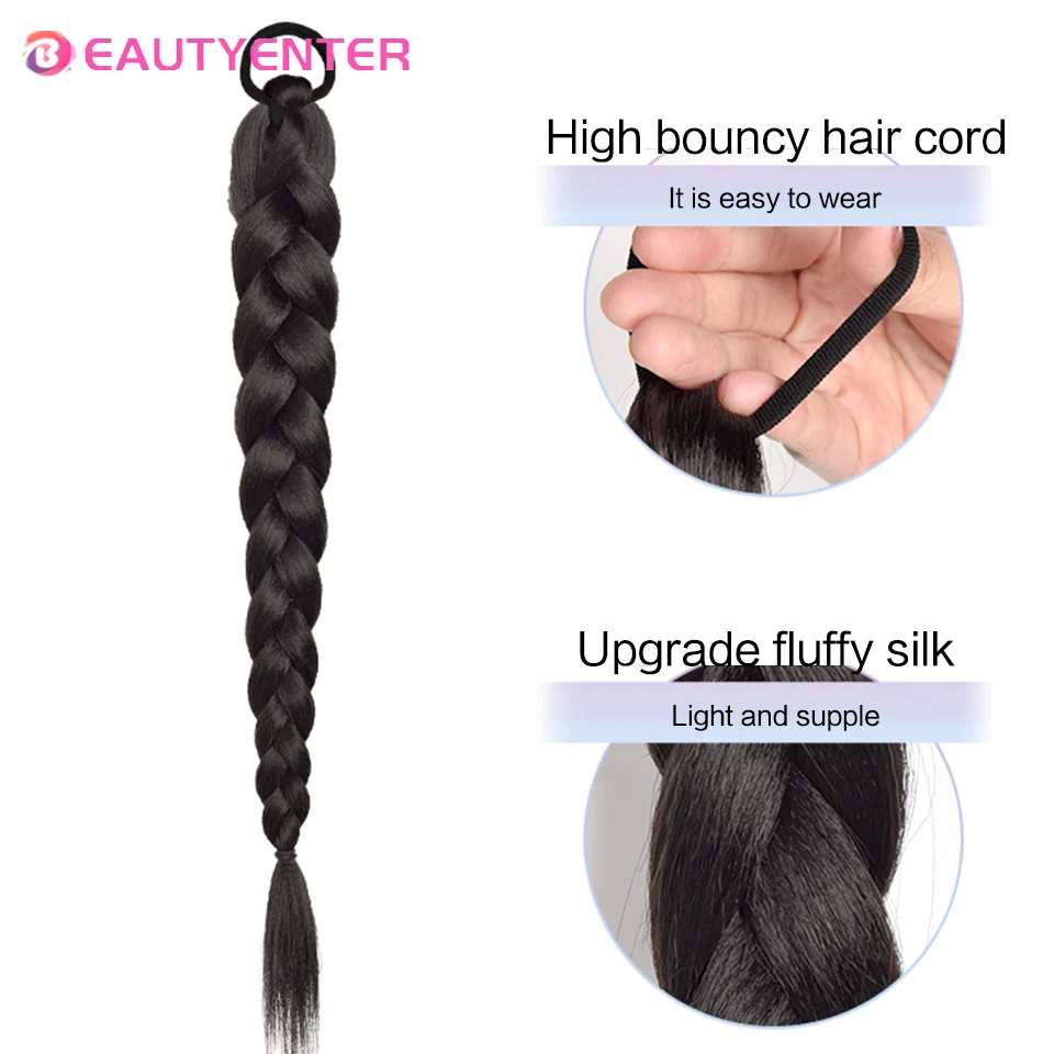 Extensão do cabelo do rabo de cavalo trançado sintético com elástico para mulheres, tranças de boxe, longas tranças pretas, acessórios para cabelo