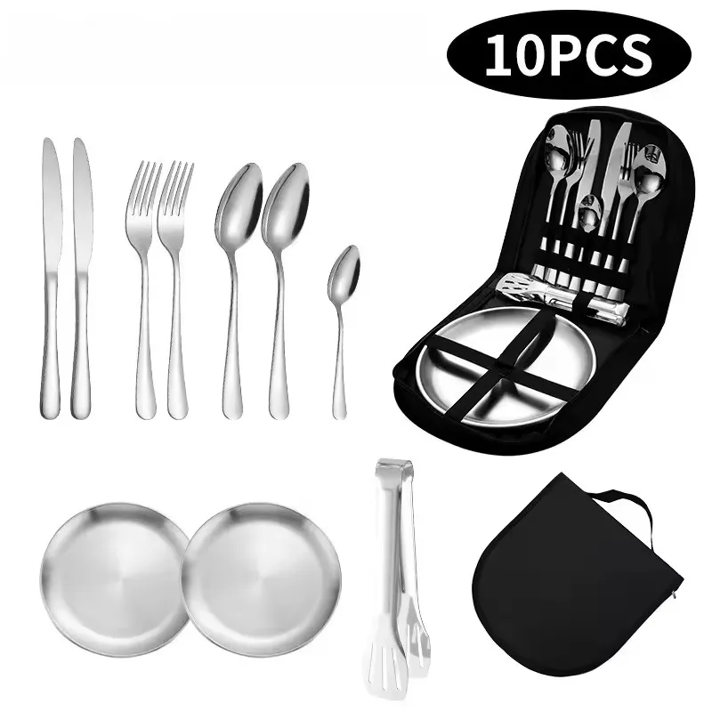 

10PCS Camping Cutlery Set Hiking Stainless Steel Plate Spoon Clip and Dinner Knife Outside Portable Cutlery Organiser Picnic Set