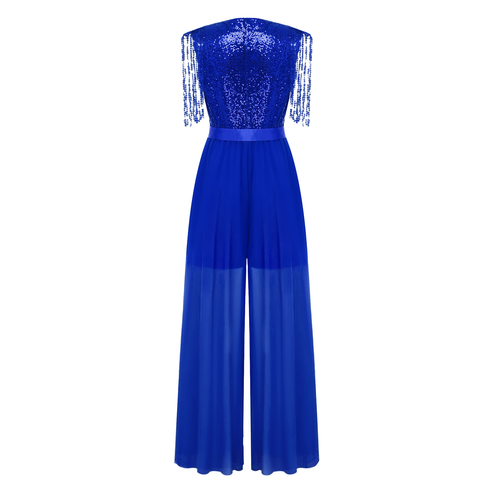 Women Shiny Sequin Tassel Sheer Chiffon Modern Lyrical Dance Party Jumpsuit Sleeveless Deep V Neck Wide-leg Bodysuit with Belt
