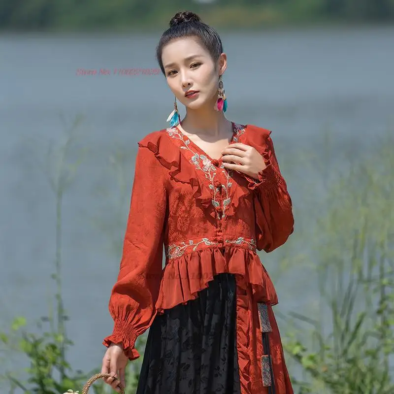 

2024 chinese vintage blouse camisa hanfu tops national cheongsam blouse retro flower embroidery qipao shirt oriental tang suit