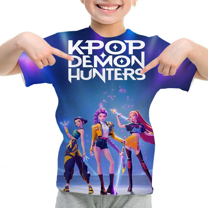 

Новая детская футболка KPop «Охотники на демонов», топы с 3D принтом аниме, футболки, детская одежда, футболка для мальчиков и девочек, повседневная футболка с короткими рукавами