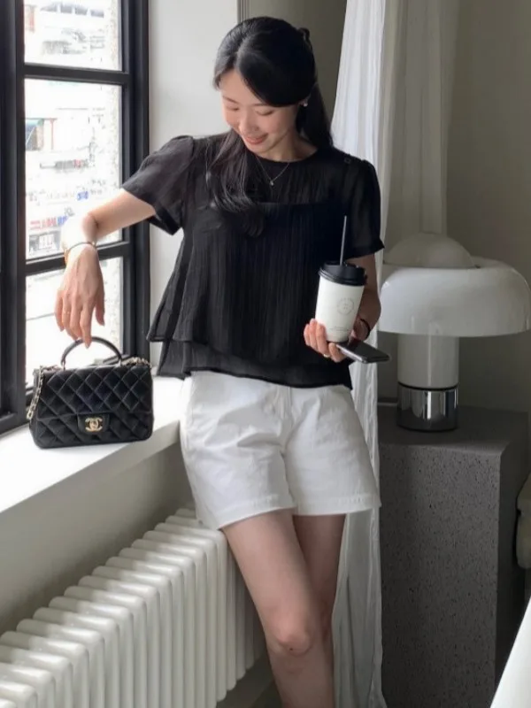 

French Sle Loose Fit Bubble Sve round Ne Two-Piece Set Women's Summer Korean System Texture Sensation Chiffon Top