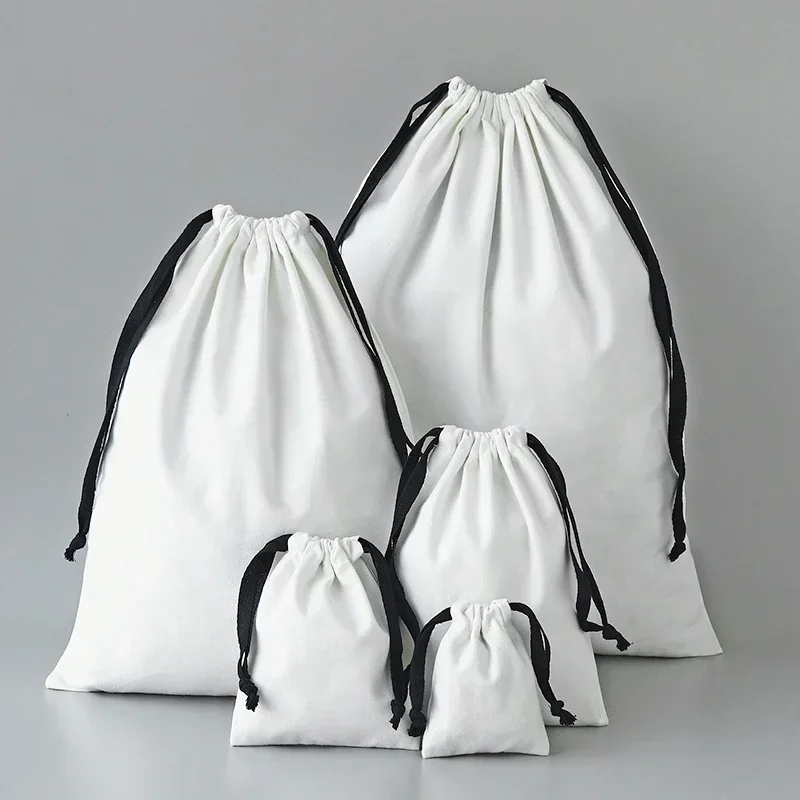 Bolsas de algodón de lona blanca de GCB-07 con cordón negro, bolsa de paquete de dulces de boda, sacos a prueba de polvo de gran tamaño, regalo de Navidad