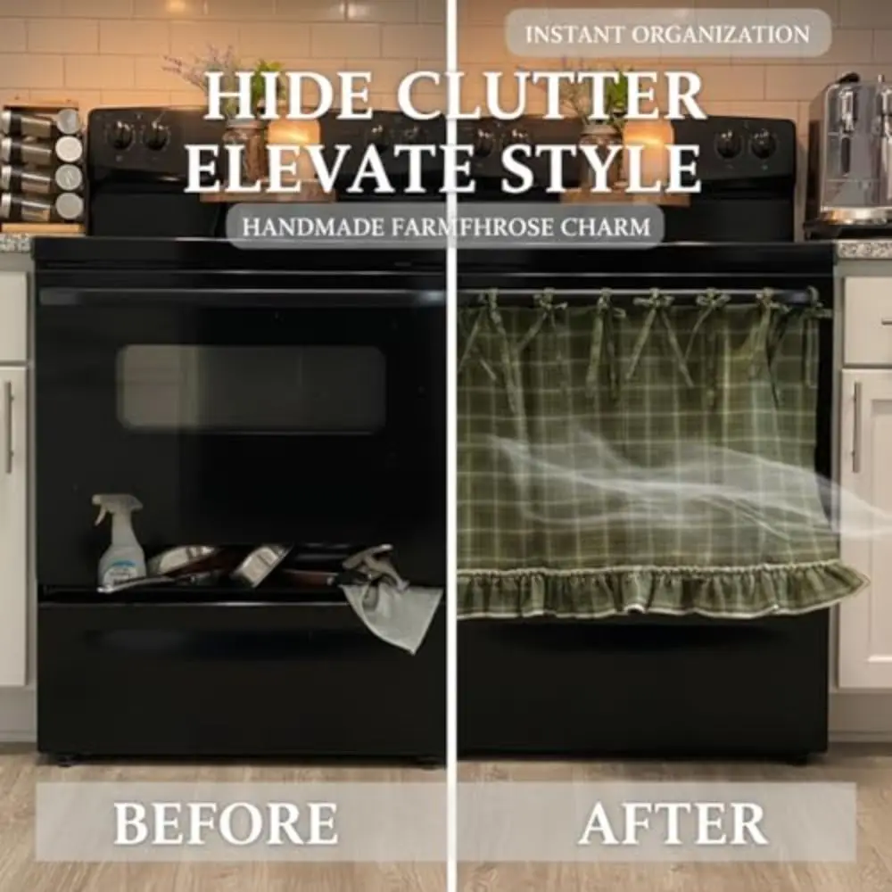 Tie Top Handmade Oven Skirts Farmhouse Kitchen Décor Oven Curtain Blend Stove Cover Skirt for Oven Dishwashers Washing Machine
